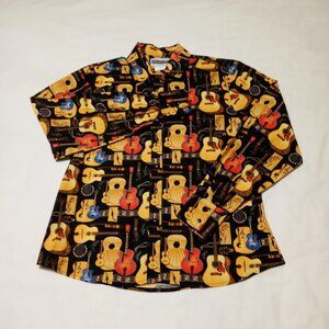 Panhandle Slim Women's Western Shirt Black Pearl Snap Large With Guitar Print